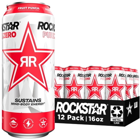Rockstar Pure Zero Energy Drink, Fruit Punch, 0 Sugar, With Caffeine And Taurine, 16Oz Cans (12 Pack)