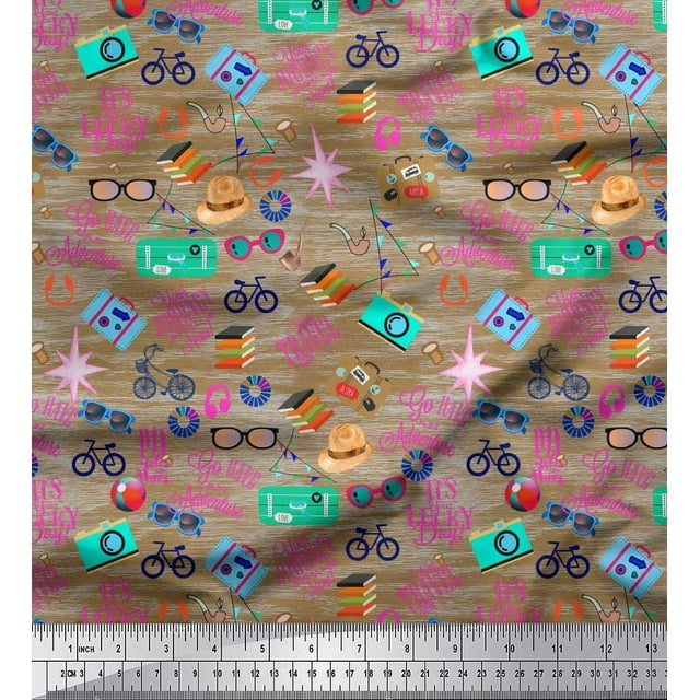 Soimoi Rayon Crepe Fabric Camera,Hat & Briefcase Travel Print Fabric by Yard 46 Inch Wide