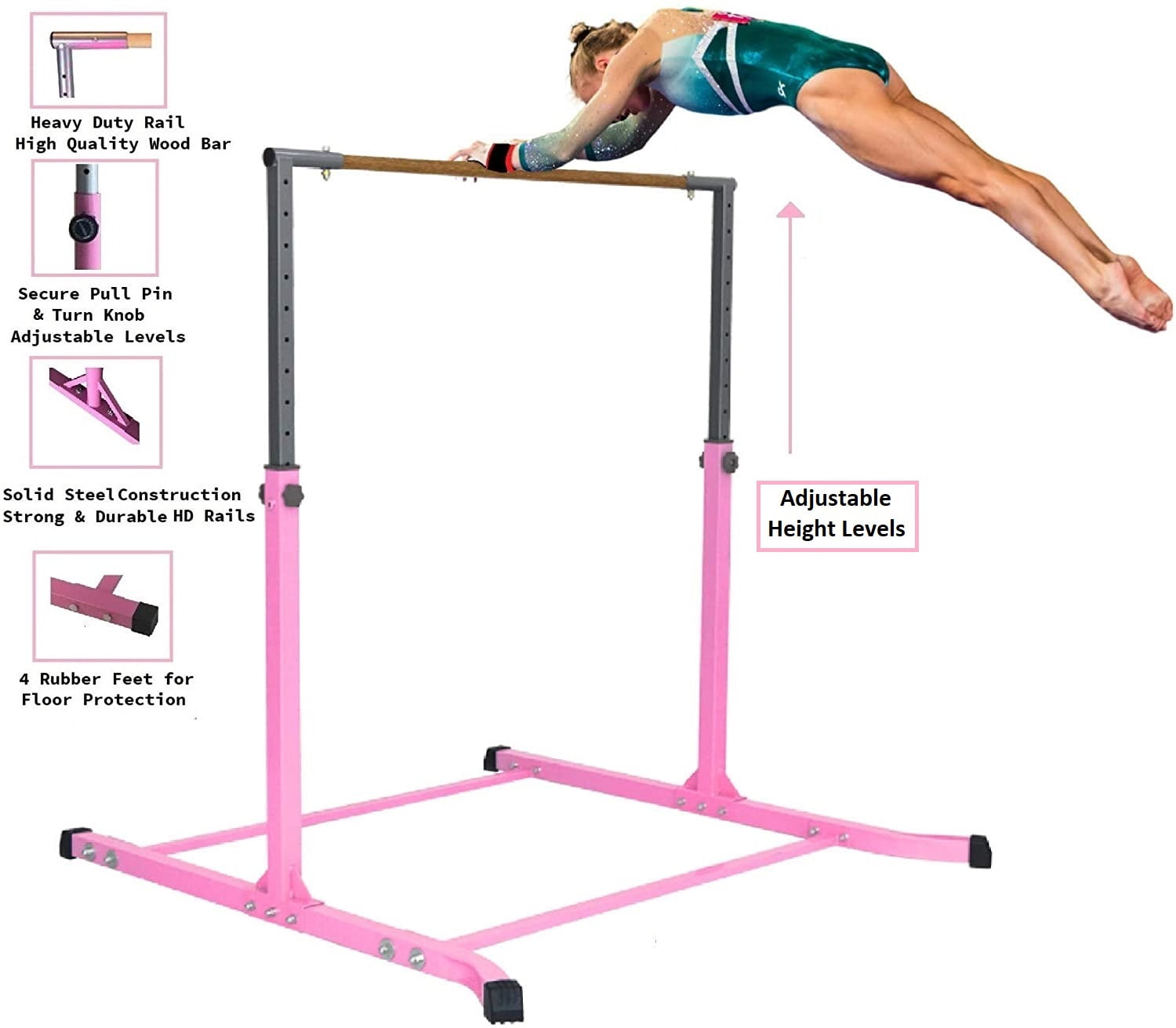 GymPro Gymnastics Bar Kip Bar for Kids, Adjustable Height 3 to 5 FT