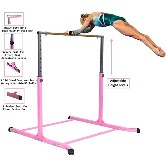 GymPro Barre de Gymnastique Kip Bar pour Enfants, Hauteur Réglable 3 à 5 Pi, Barre de Gymnastique Professionnelle Junior pour la Maison, Barre d'Entraînement Athlétique Horizontale pour Gymnastes, Extensible pour Enfants et Adultes, Rose