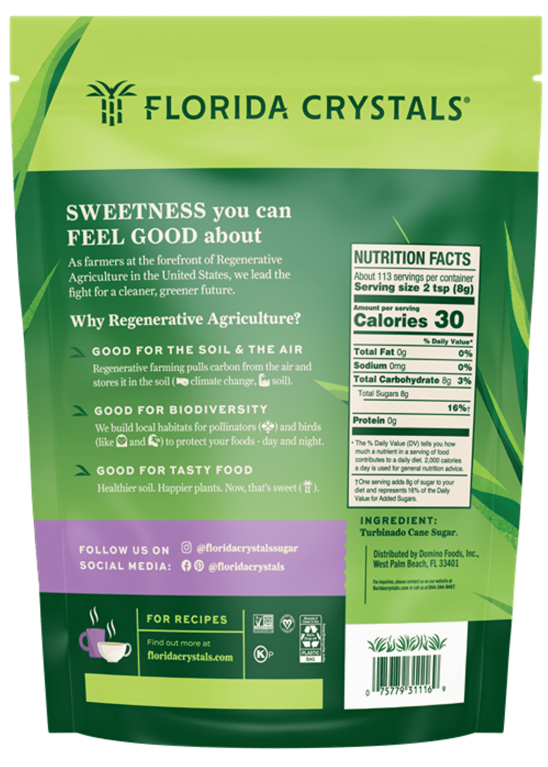 Florida Crystals Turbinado Cane Sugar, Non GMO, Allergen-Free, 2 lb, Stand-Up Bag