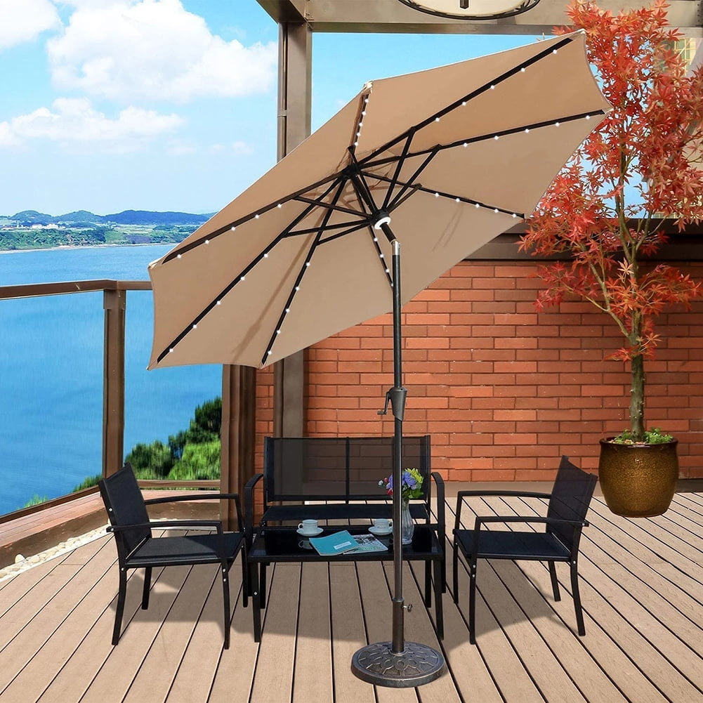Kepooman 9 Ft Patio Umbrella, Outdoor Market Umbrellas Table Umbrellas with Solar LED Led lights and Push Button Tilt, Beige Kepooman 9 Ft Patio Umbrella, Outdoor Market Umbrellas Table Umbrellas with Solar LED Led lights and Push Button Tilt, Beige