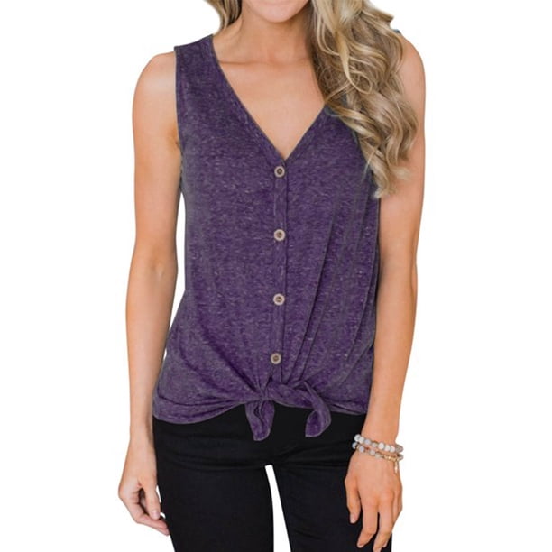 Qarigey Chaleco con cuello en V sin mangas con lazo delantero camiseta mujer verano botón Prendas para la parte del cuerpo Violeta L