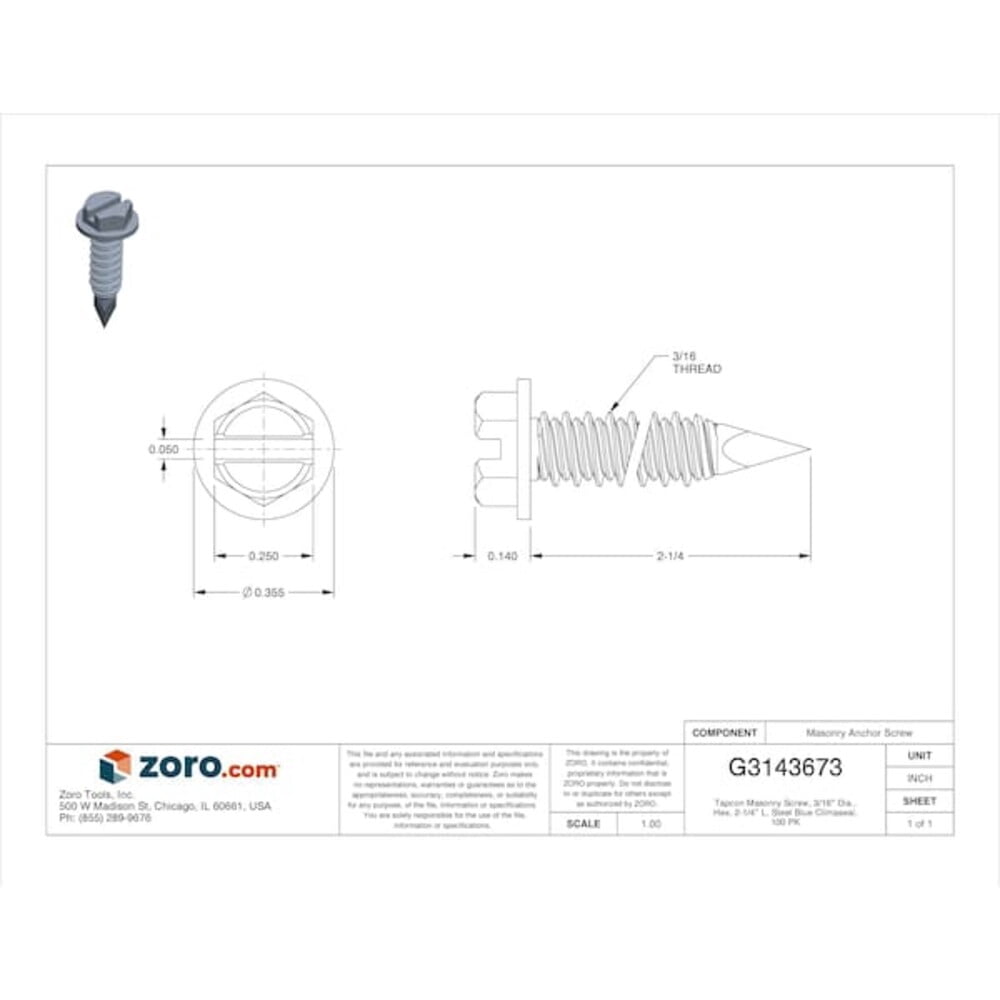 Masonry Screw, 3/16" Dia., Hex, 2-1/4" L, Steel Blue Climaseal, 100 PK 3143407