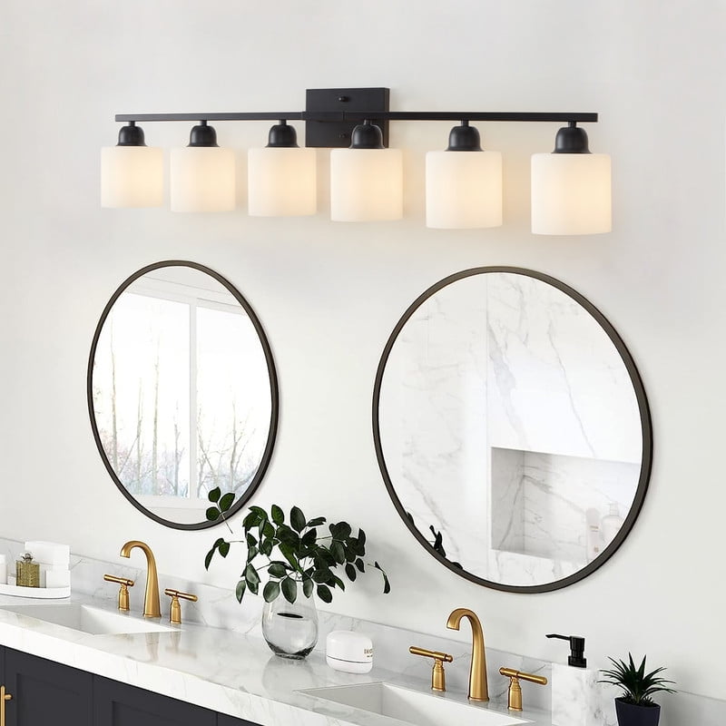 38" 6-Light Black Vanity Fixture - Modern Matte Bathroom Lighting for Mirror, Dimmable Wall Sconce with Milky White Glass Shades (Bulbs Not Included)