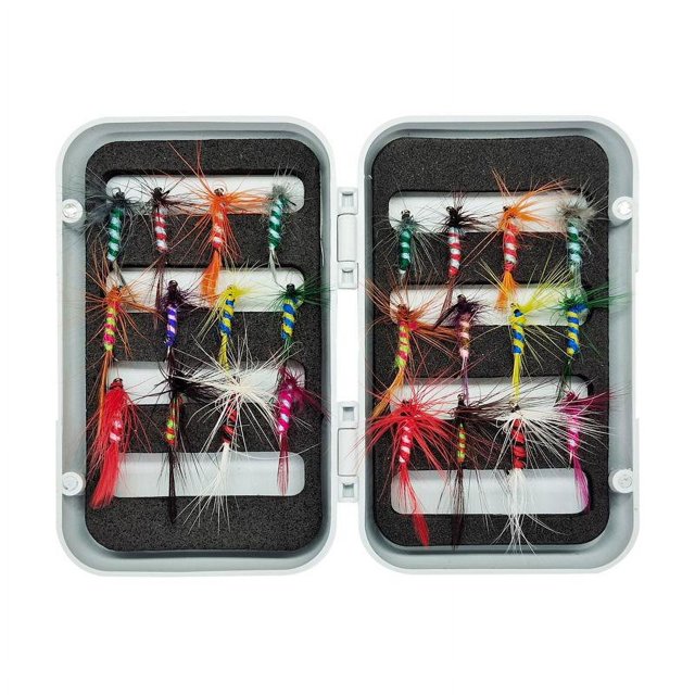 24x Kit de pesca con mosca Colamx señuelos húmedos secos soporte para surtido de moscas