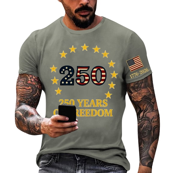 250 Anniversary Usa Shirt Men Fourth Of July American Flag Print Crew Neck Short Sleeve Tshirt Muscle Classic Fit Daily Wear Comfy T-Shirt, Gray, #01 Gray