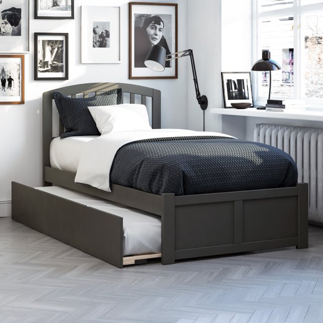 Lit Plateforme en Bois Richmond Simple TG avec Pied de Lit et Tiroir-Lit, Gris