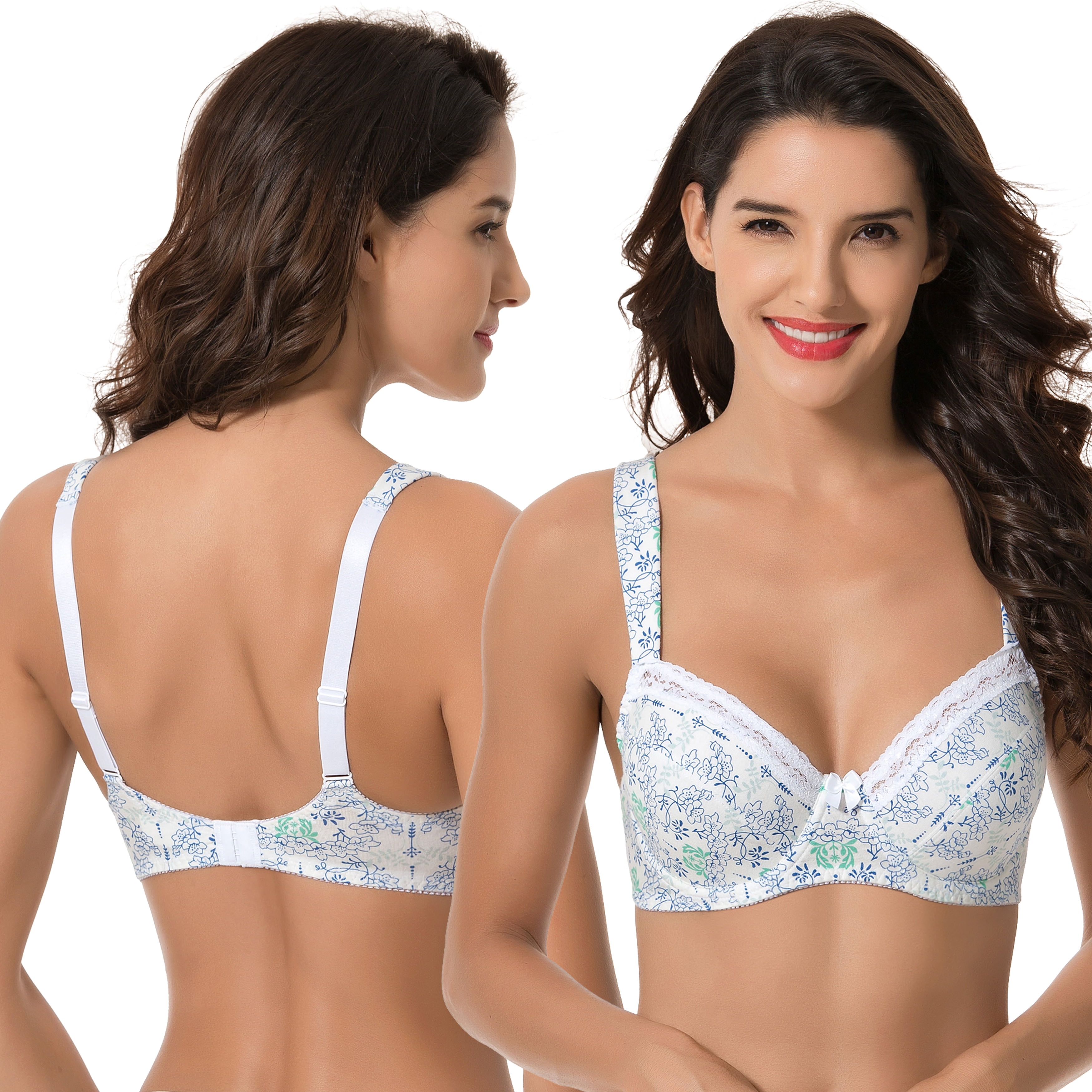 Curve Muse Women's Plus Size Underwired Unlined Balconette Cotton Bra-3Pack-WHITE PRINT,BLUE,COOL GRAY-40DD