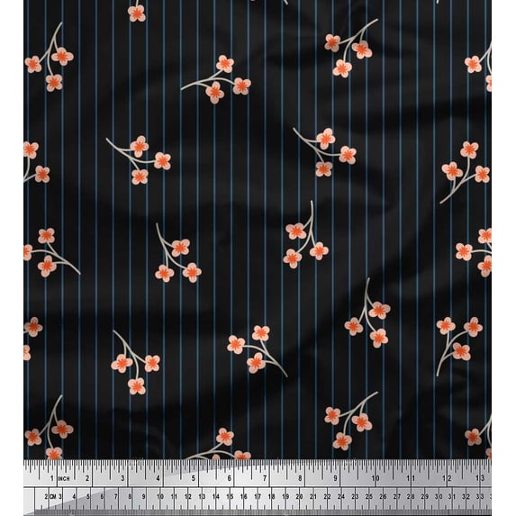 Soimoi Black Crepe Silk Fabric Artistic Floral & Stripe Print Sewing Fabric Yard 42 Inch Wide