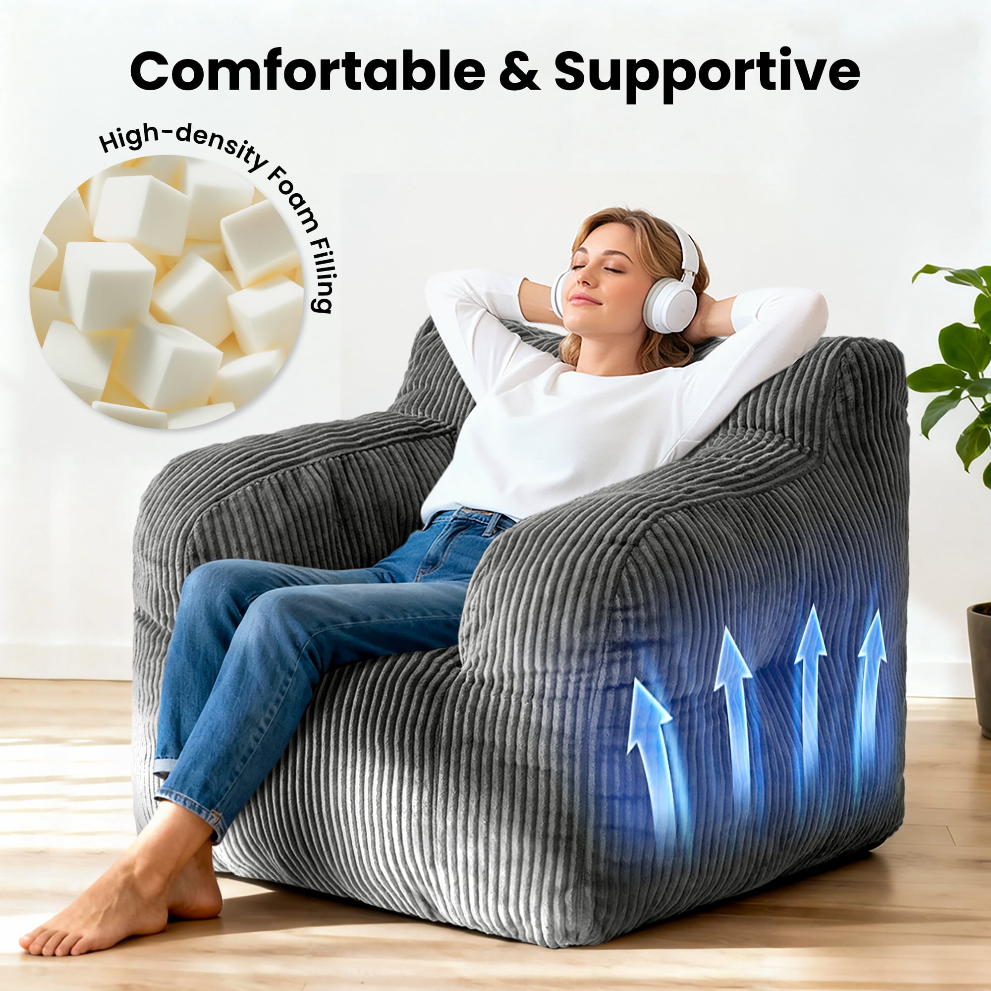 PamapicLife Bean Bag Chair Home Adult Solid Solo Color Regular Foam Filled and Corduroy Indoor and Contemporary Style Bean Bag Chair with Manual, Gray