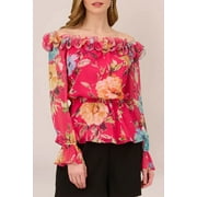 Adrianna Papell Ruffled Off-Shoulder Elastic Waist Blouson Long Sleeve Floral Print Chiffon Top-PINK MULTI / 8
