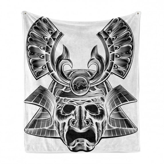 Japanese Soft Flannel Fleece Throw Blanket, Vintage Experienced Japanese with Royal Lines and Shapes Design, Cozy Plush for Indoor and Outdoor Use, 50" x 70", White Black, by Ambesonne