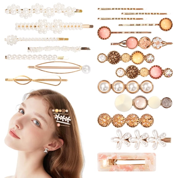 20 Pcs Pearl Hair Clips Set, Gold Rhinestone Bobby Pins and Acrylic Resin Barrettes, Fashionable Geometric Hair Accessories for Women Bridal Wedding Party Daily Styling