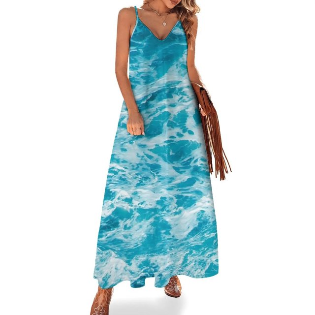 Vestido sin mangas con foto artística de olas oceánicas espumosas de color azul agua de lujo vestidos de playa moda mujer