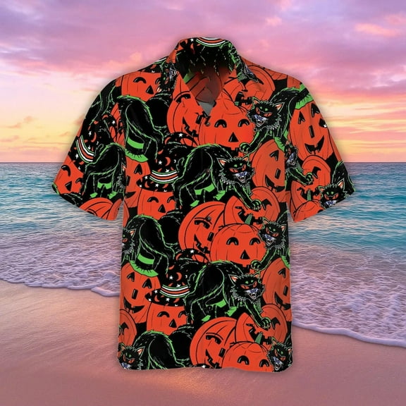 Halloween Pumpkin Black Cat Hawaiian Shirt, Summer Aloha Beach Shirt, Unisex Button Down Short Sleeve Shirts, Summer Shirt, Family Hawaiian Shirt