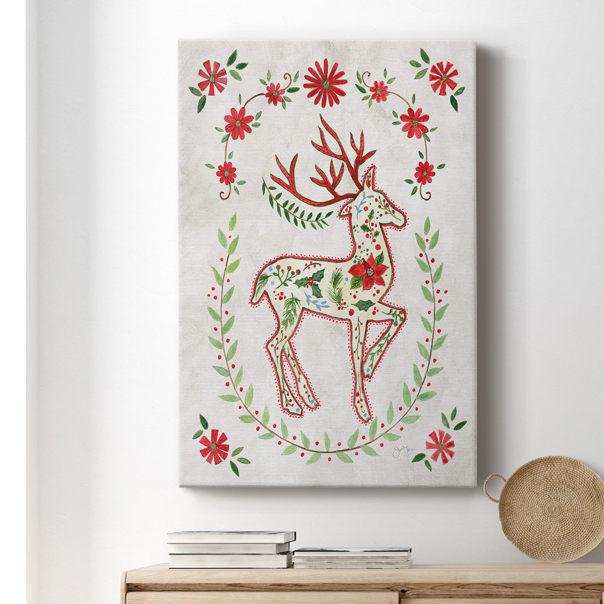 Christmas Folk Reindeer Premium Gallery Wrapped Canvas - Ready to Hang