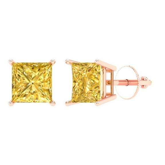 4 ct Screw-Back Stud Earrings for Women | 7.0mm Princess Cut Natural Citrine | 18K Rose Gold