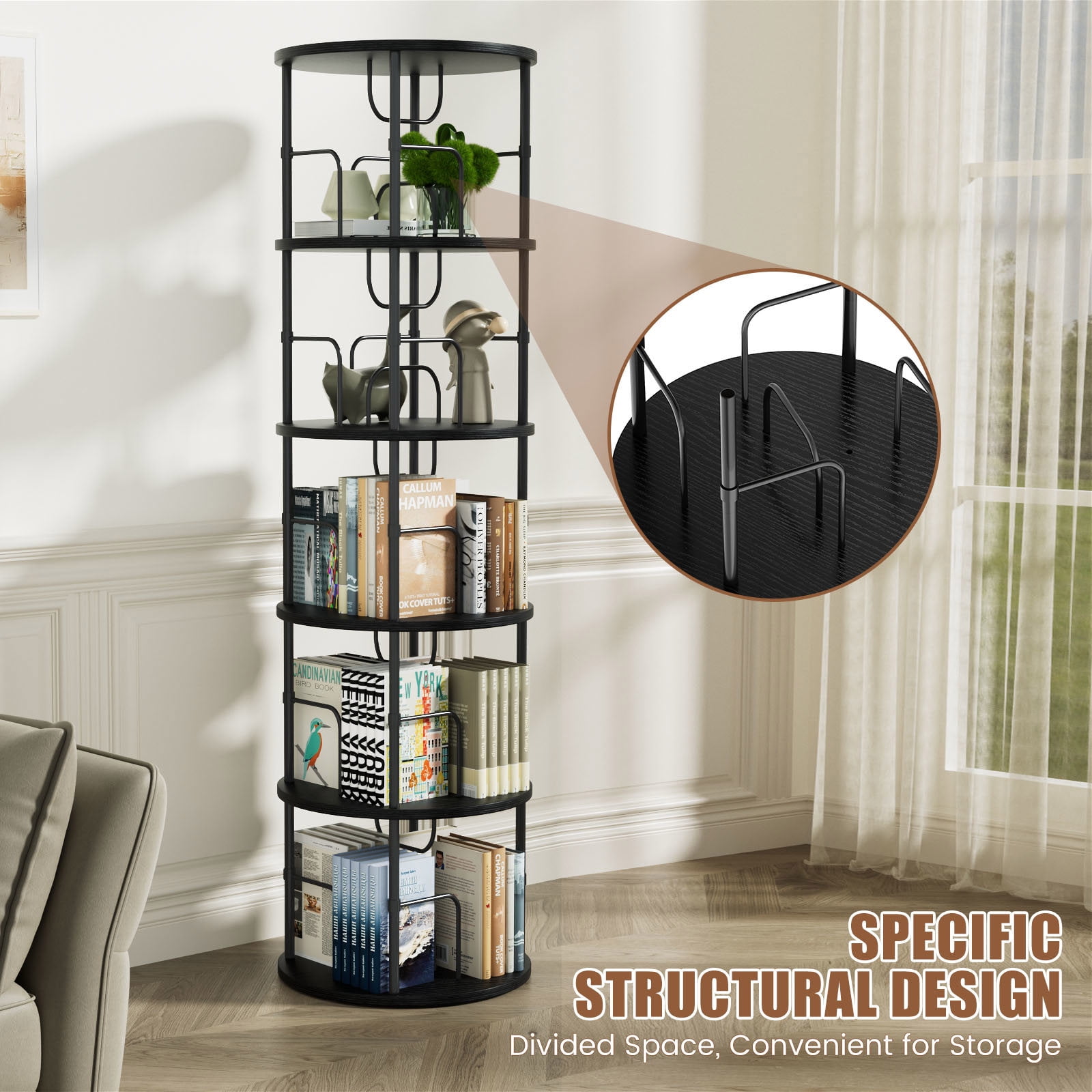 Flycity 5 Tier Rotate Bookcases, 360° Display Corner Shelf Spin Bookcases with Special Visible Partition Storage, Black