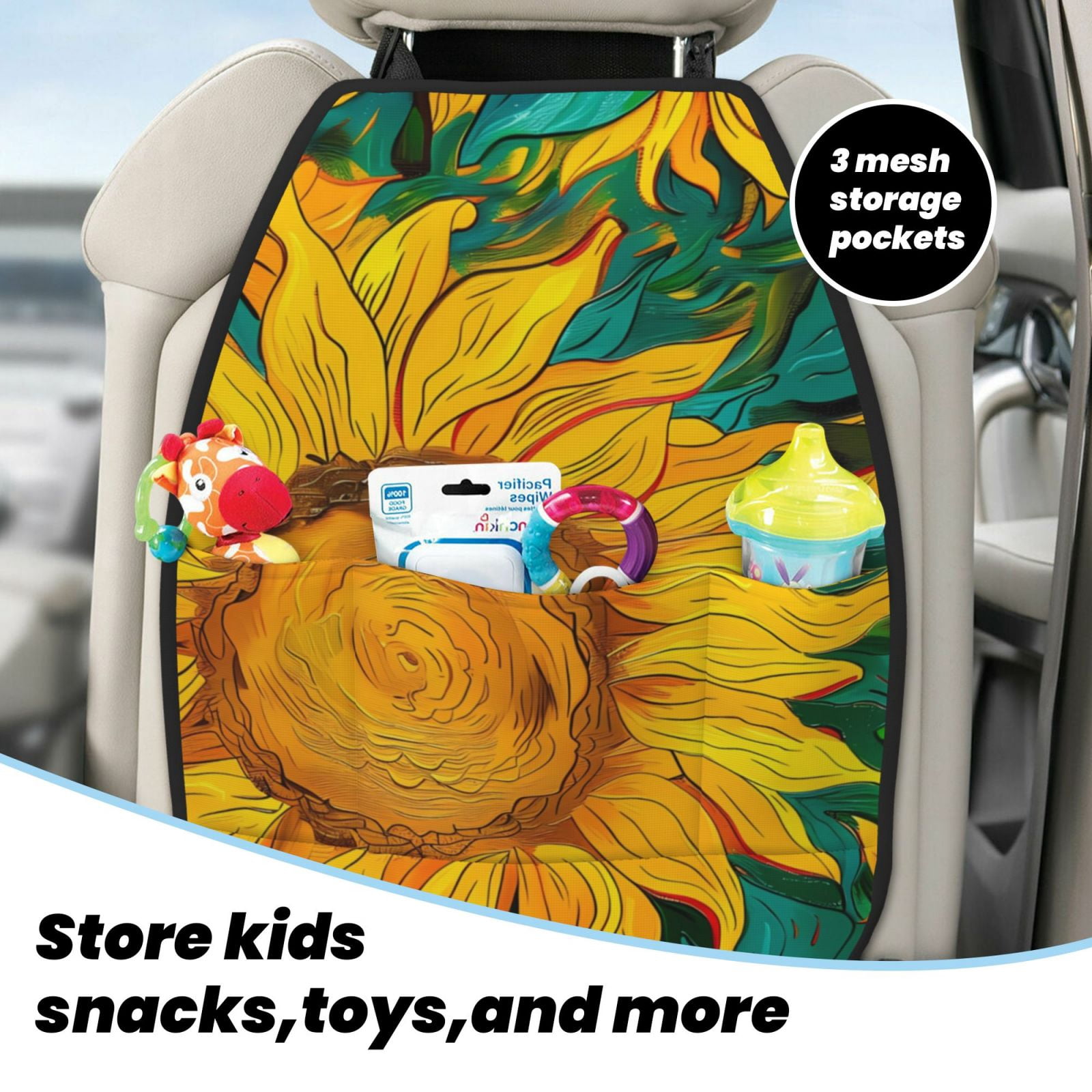 Kdxio Vibrant Sunflower Painting Print 2 Pack Car Kick Mat Seat Cover Back Protector Mat with Pockets for Organizer Backseat Protector and Storage Anti Kick Pad for Vehicles
