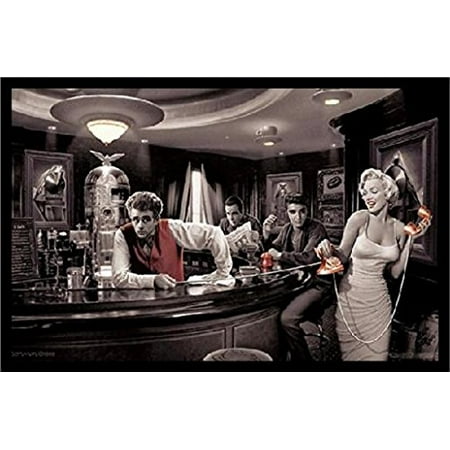 FRAMED Java Dreams with James Dean Marilyn Monroe Elvis Presley and Humphrey Bogart by Chris Consani 36x24 Art Print Poster Celebrity Movie Stars At Coffee Bar Icons Hollywood