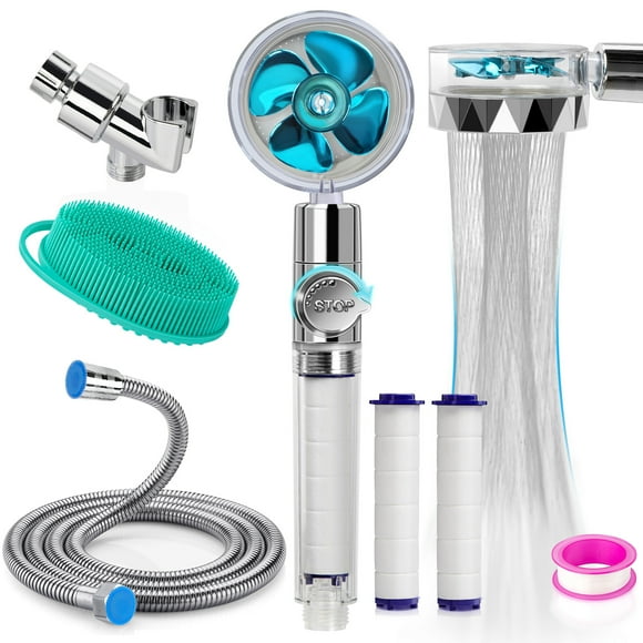 Kit de Pommeaux de Douche Haute Pression avec Tuyau de Douche de 79 Pouces 3 Filtres en Coton PP, Ventilateur Turbo Douche Interrupteur Pause à une Touche Rotation à 360 Degrés (Ensemble Bleu Clair)