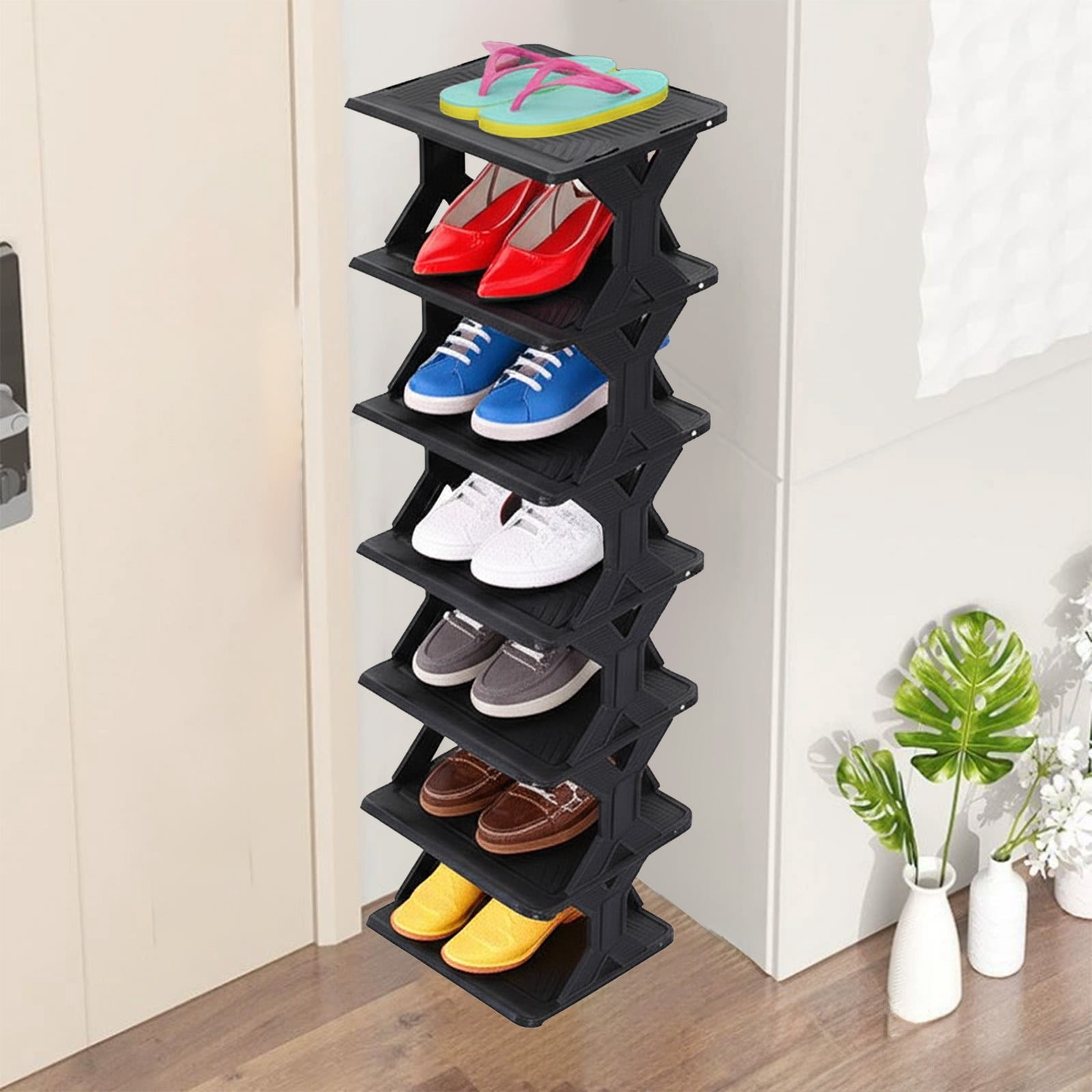 Seyotauo Vertical Shoe Rack -Tall Narrow Shoe Rack Organizer for Small Spaces,7 Tier Bamboo Shoen Shelf for Entryway,Closet,Corner,Doorway,Skinny Shoe Shelf Space Saving Shoe Storage,Free Stackable