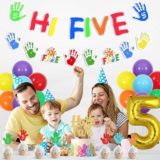 Hi Five Birthday Party Decorations, 5th Birthday Decorations for Boys Girls, Hi Five Banner Garland Cake Cupcake Toppers Number 5 Foil Balloon for 5 Year Old Bday Party