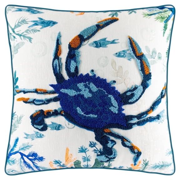 JWH Coastal Blue Crab Throw Pillow Covers Tufted Towel Embroidery Ocean Themed Chenille Decorative Pillow Case 18x18inch for Room Decor