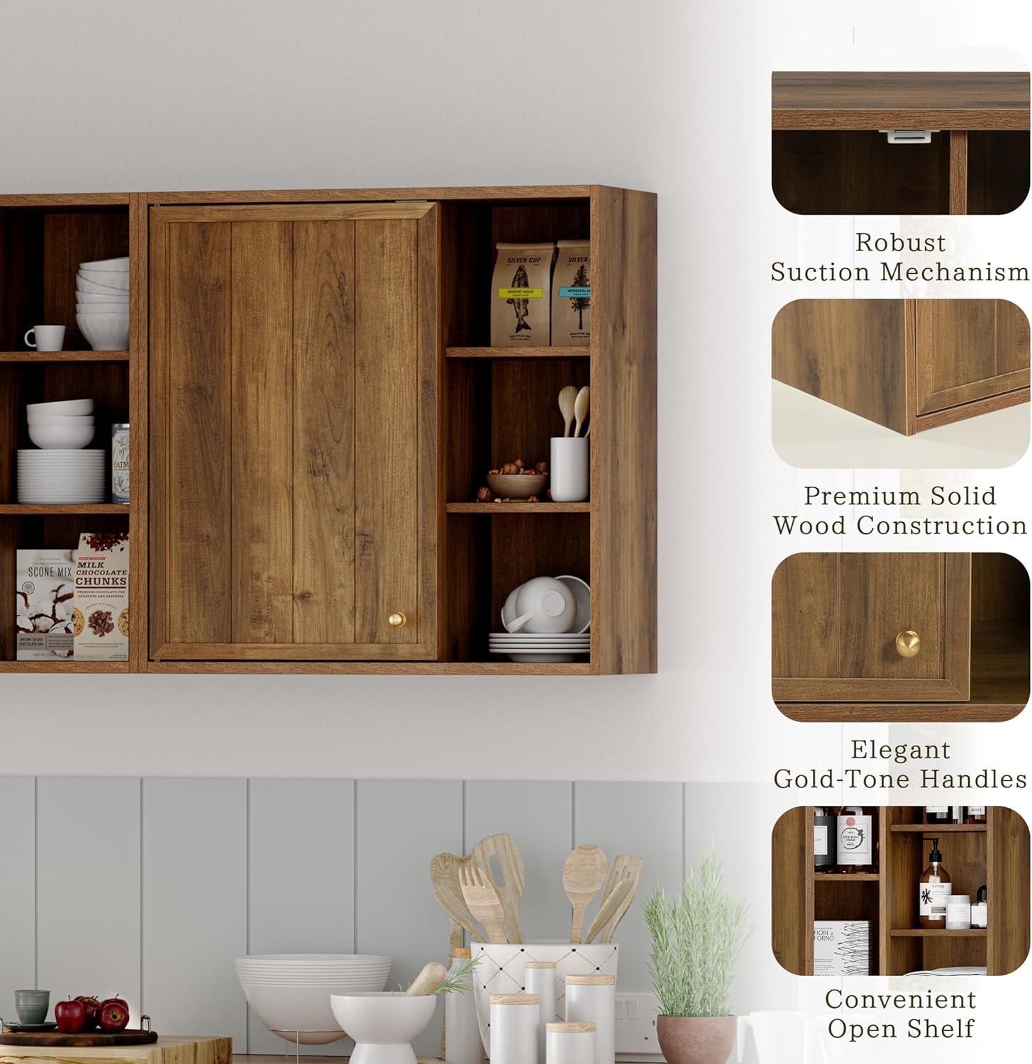 ANHDAH Bathroom Wall Storage Cabinet with Door and Adjustable Shelf, Over the Toilet Storage Cabinet for Kitchen, Laundry, Brown