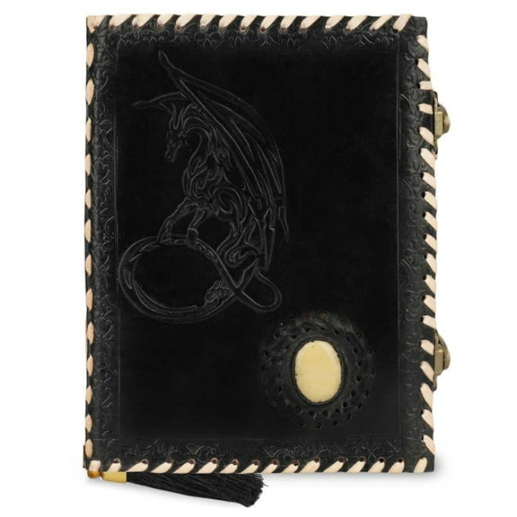Genuine Leather Journal Embossed Moon Dragon With Gem Stone  Hardcover Unlined Blank Pages Notebook Vintage With Lock Closure Black- A6