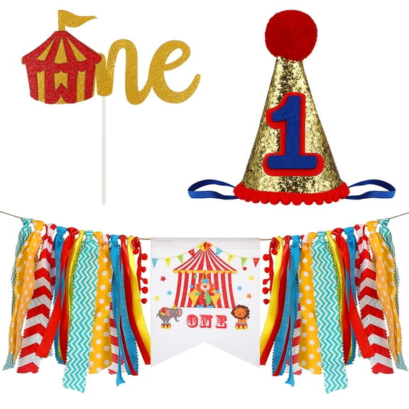 3 Pcs Happy Birthday Banner Cake Flag Hat for Baby First-Birthday Shower Party Cartoon Circus Theme Party Supplies