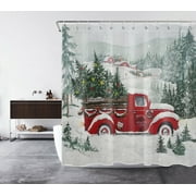 HVEST Christmas Shower Curtain, Retro Farmhouse Red Truck and Christmas tree in Snow Bathroom Shower Curtain Polyester Fabric Decor Curtain with Hooks, 72X72 inch
