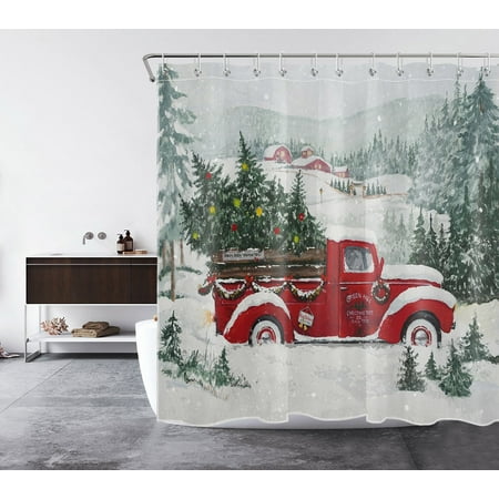 HVEST Christmas Shower Curtain, Retro Farmhouse Red Truck and Christmas tree in Snow Bathroom Shower Curtain Polyester Fabric Decor Curtain with Hooks, 72X72 inch
