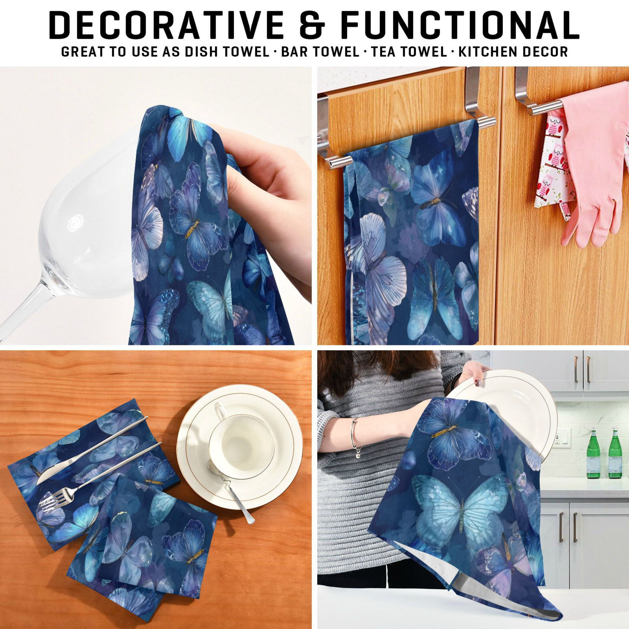 Qxltty Pretty Blue Butterfly Kitchen Towels 28 x 18 Inch Set of 6 Soft Cotton Linen Feel Dish Towels with Hanging Loop for Drying, Cleaning & Decor