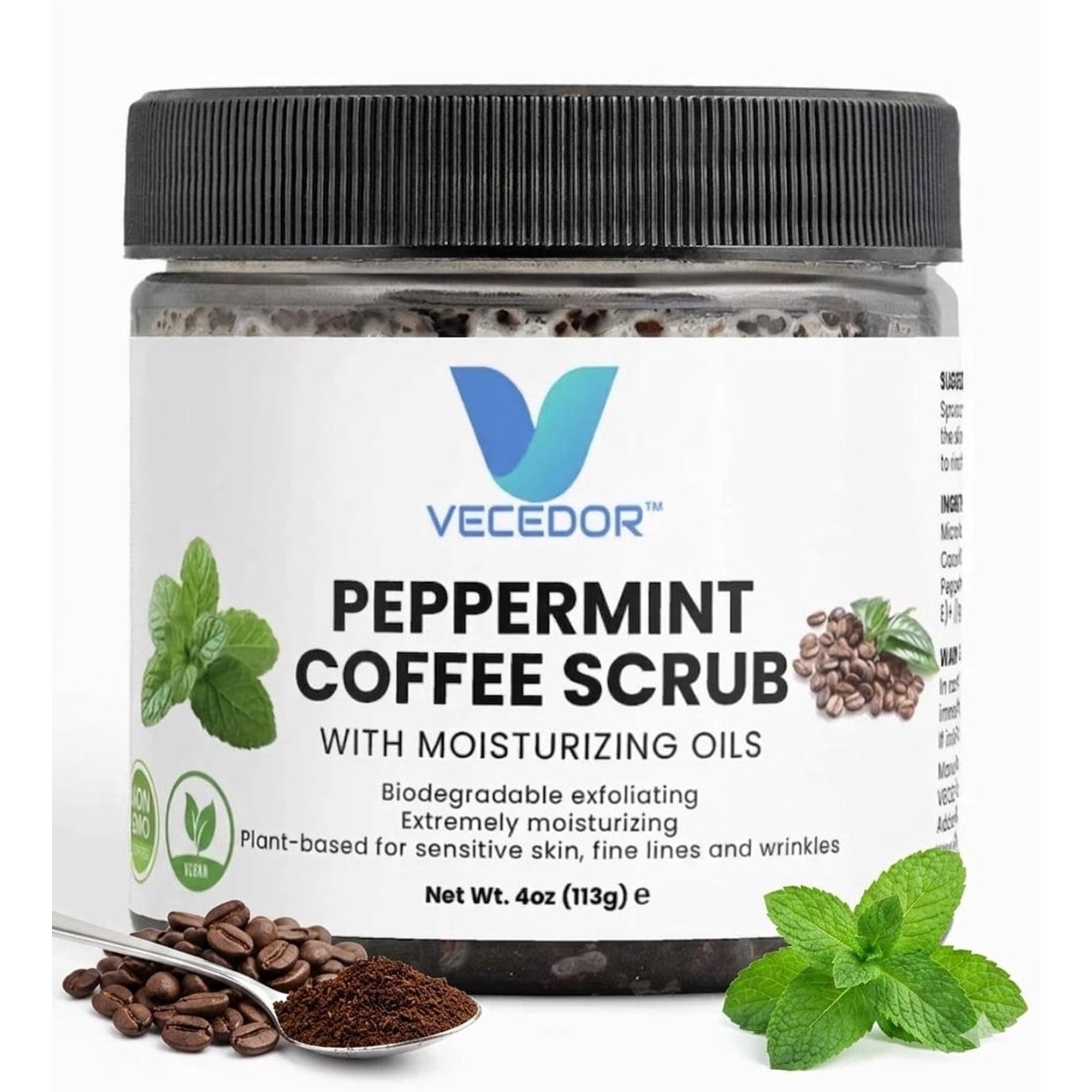 VECEDOR Peppermint Coffee Scrub – Exfoliating Body Face Scrub for Smooth, Glowing Skin – Natural Moisturizing Cellulite Care, 4oz