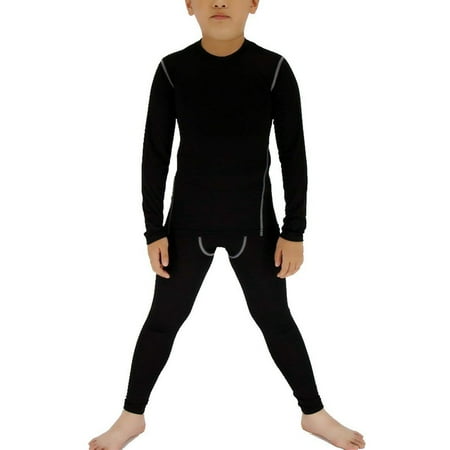 YUSHOW Boys Thermal Underwear Set Base Layer Long Sleeve Top and Bottoms 2-Piece Black Size 10