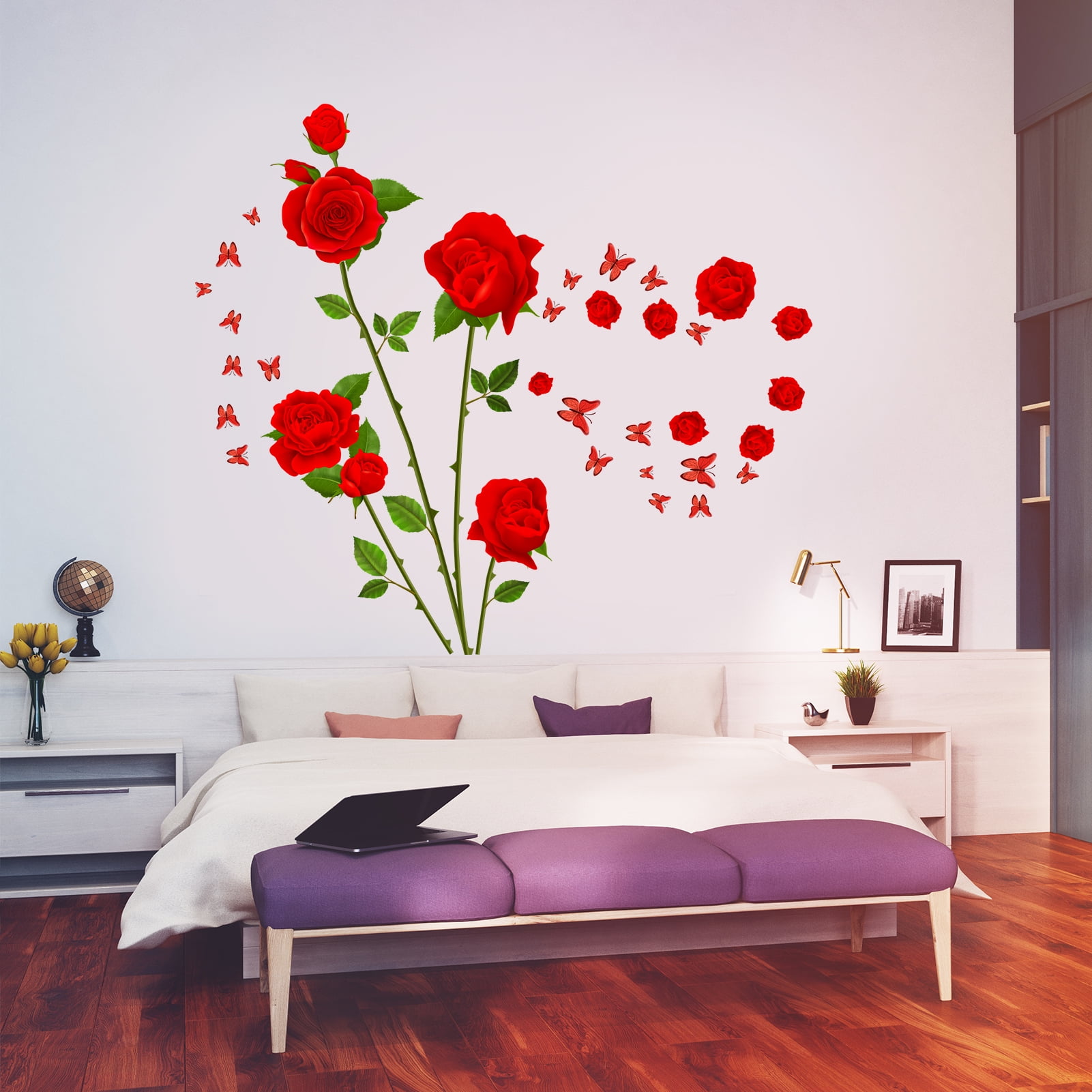 AnFigure Red Rose Flower Wall Stickers Rose Floral Wall Decals for