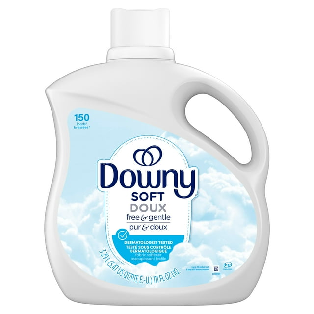 Downy Free & Gentle Liquid Fabric Softener in a white plastic jug with handle and cap, labeled for 150 loads, dermatologist tested and hypoallergenic, suitable for sensitive skin, featuring a blue sky and clouds design, ideal as a fabric conditioner and laundry additive to soften fabrics and reduce wrinkles.