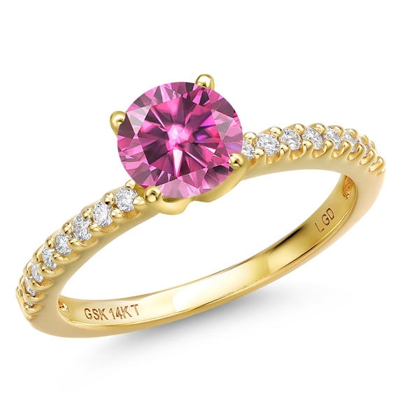 Gem Stone King 14K Yellow Gold Pink Moissanite and Lab Grown Diamond Engagement Ring for Women | 1.16 Cttw | Round 6.5MM | Gemstone Birthstone | Size 5