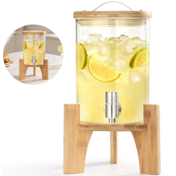 Glass Beverage Dispenser with Lid, 0.66 Gallon / 2.5L Water Drink Dispenser with Stainless Steel Spigot and Wood Stand for Brewing, Parties, Homemade Beverages