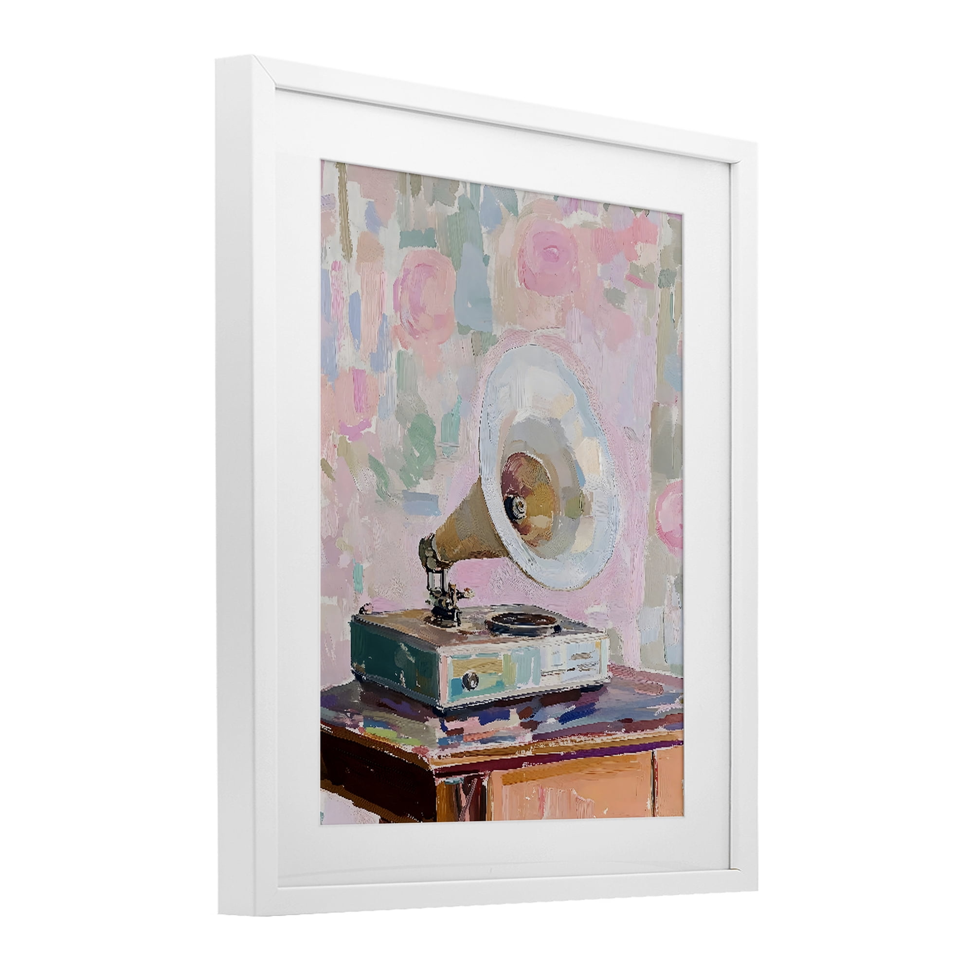 Stupell Industries Vintage Gramophone in Soft Pastels White Framed Print Under Glass, design by The Prints Vibe