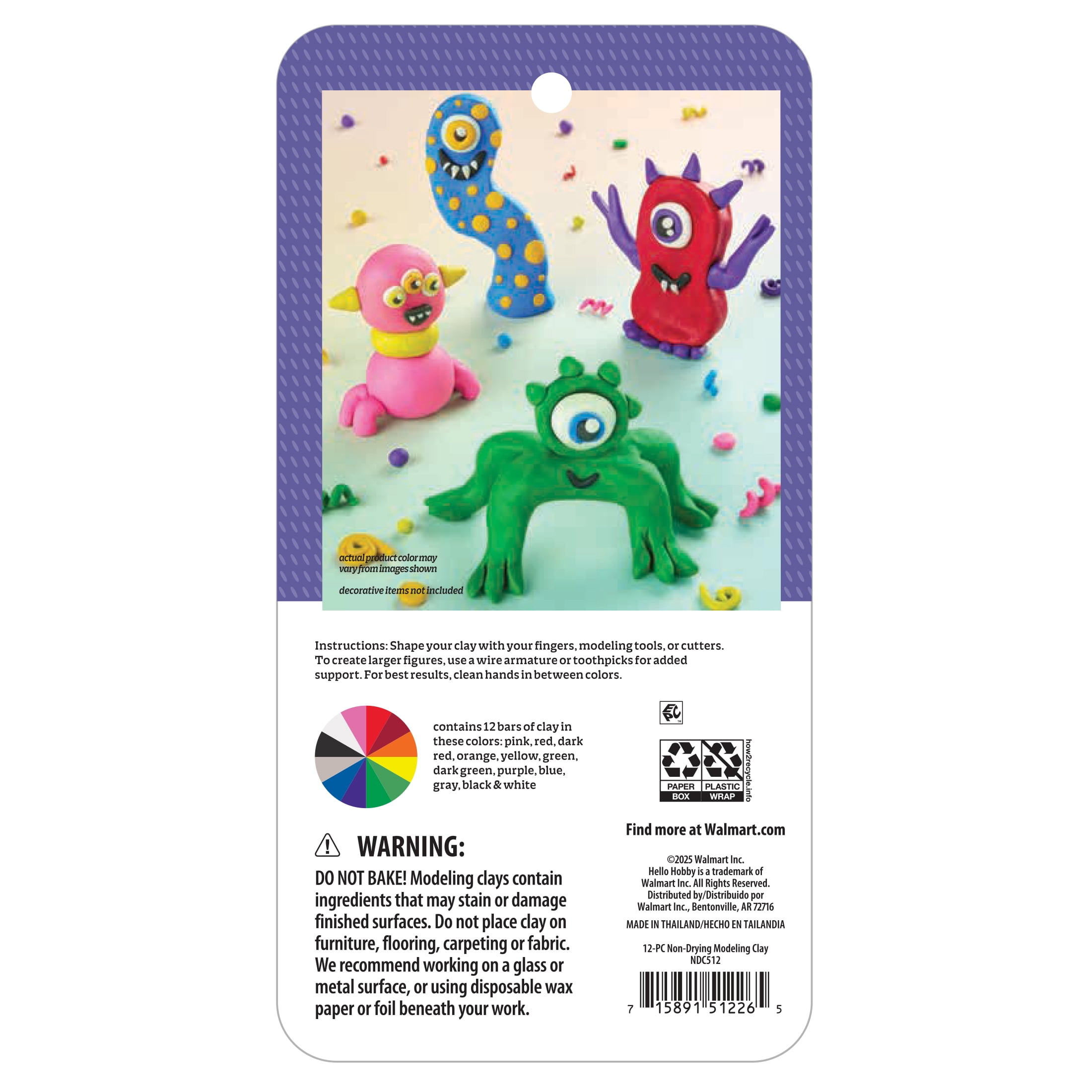 Hello Hobby Non-Drying Modeling Clay, Assorted Colors, 12 Pieces