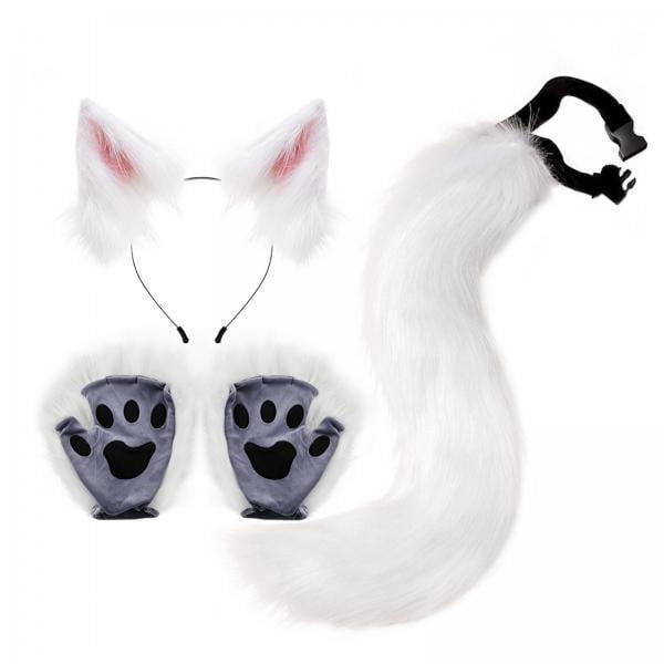 Disfraz de cosplay,Kit de disfraz de gato con orejas de peluche y cola de piel sintética,Accesorios de cosplay para fiesta de Halloween para mujer,Guantes de disfraz de gato de peluche de cola