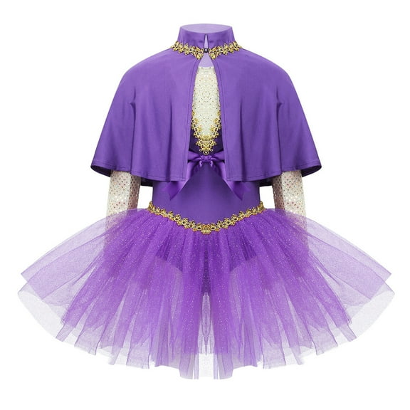 RUNQHUI Kids Girlsh Halloween Magic Cosplay Costumes Mesh Skirted Dance Leotard with Cape Arm Sleeves Purple 10