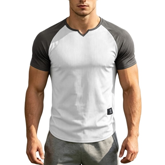 DagobertNiko Mens T-Shirts V-Neck Color Block Slim Fitted Breathable Quick Dry High Elastic Sports Summer Top for Gym