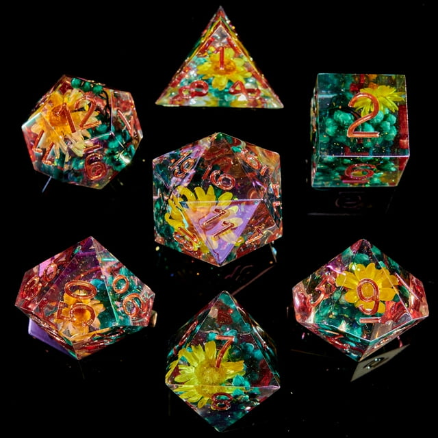 Fugacity Juego de dados Dnd Borde afilado hecho a mano 7 piezas de dados de resina-mazmorras y dragones juego de dados poliédricos juego de dados D&D con estuche de dados de regalo para juegos de mesa