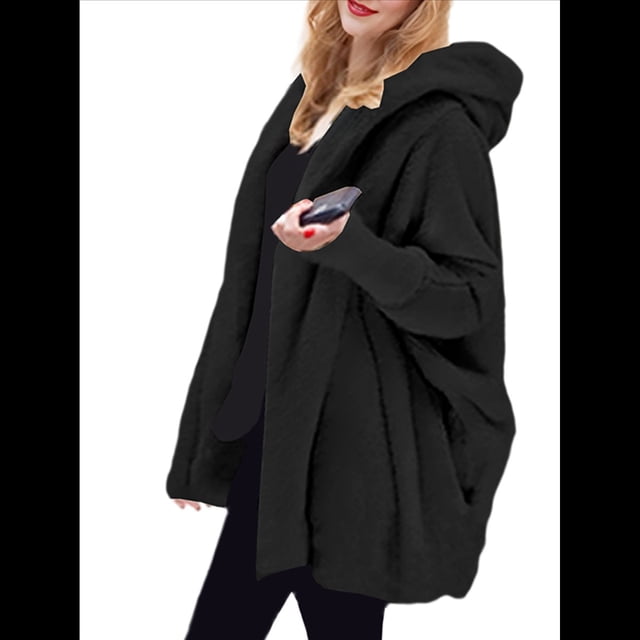 Chaqueta con Capucha y Cuello en V de Larga de Color Liso para Mujer, Informal, Holgada, de Felpa, Sin Botones. Negro M