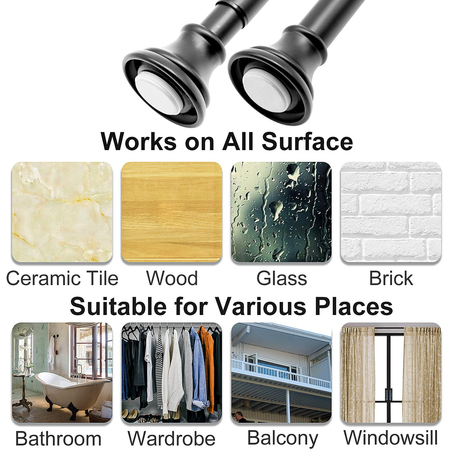 BloomFlower Black Shower Curtain Rod, 43-72 inches, Matte Black,Never Rust , Metal Rod,Tension Rod with Spring