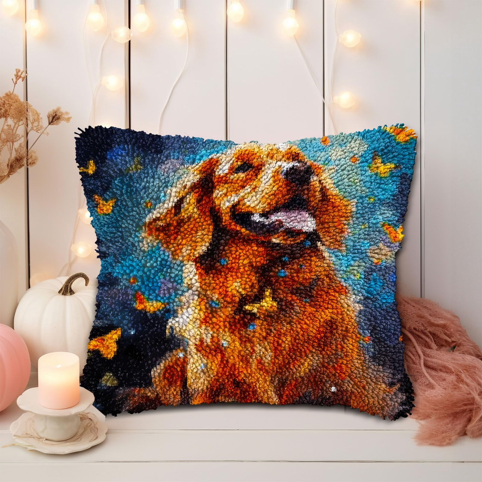 Golden Retriever and Butterflies DIY Latch Hook Pillow Kits for Adults Printed Pillowcase Crochet Yarns Hooking Handmade Pillow Cover Cushion for Home Sofa Decoration 17x17inch